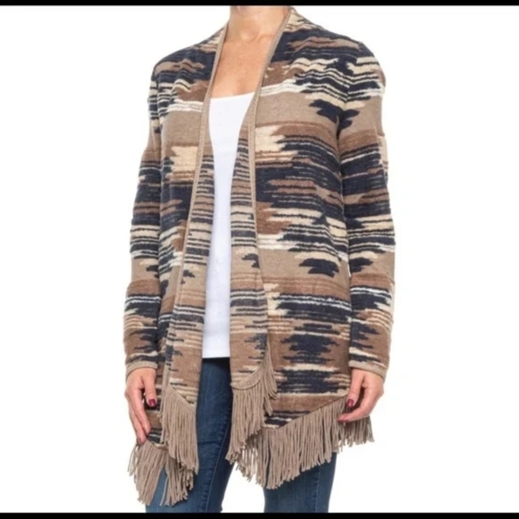 Lucky Brand Sweaters - LUCKY BRAND Western Aztec fringed brushed knit  cardigan L